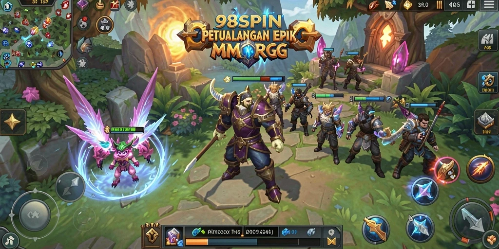 Screenshot gameplay 98SPIN yang menunjukkan pertempuran seru di dunia MMORPG.