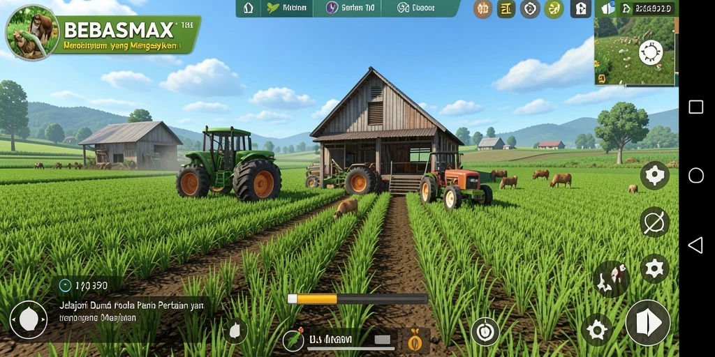 Tangkapan layar gameplay BEBASMAX yang menampilkan kebun yang subur dan aktivitas pertanian.