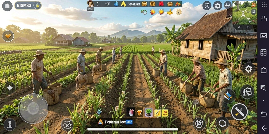 Tangkapan layar gameplay BIGMSG menunjukkan pengalaman bertani yang menarik.