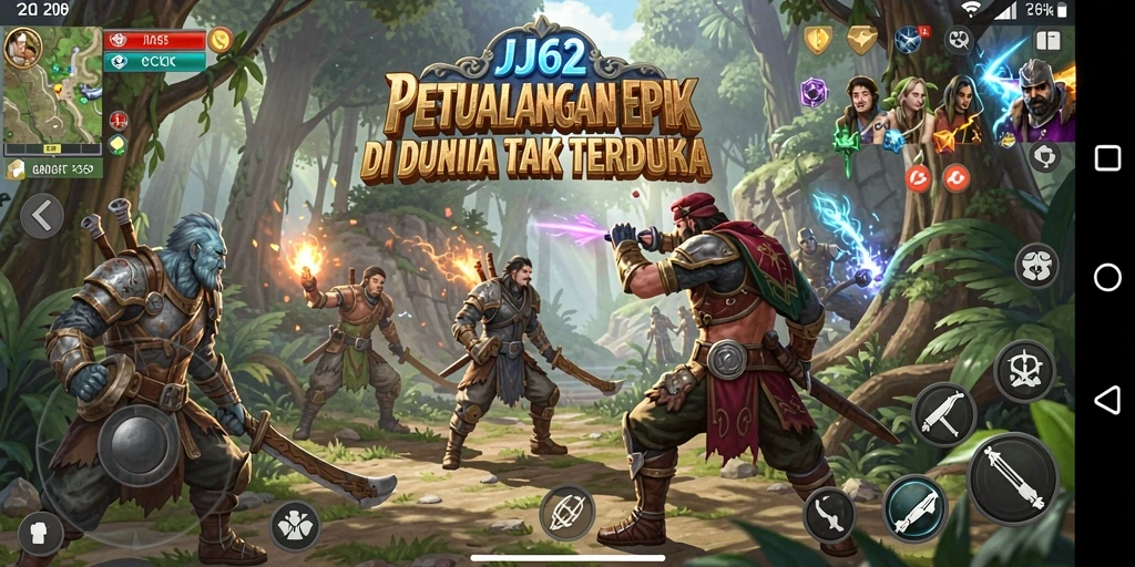 Tangkapan layar utama JJ62 menampilkan aksi petualangan seru di dunia fantasi.