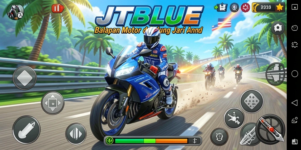 Tangkapan layar menunjukkan aksi balapan motor yang mendebarkan di JTBLUE.