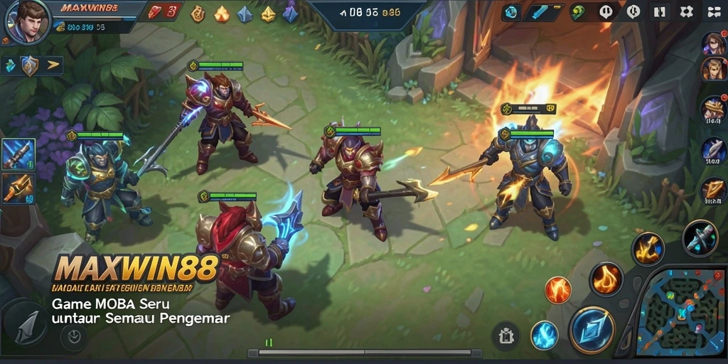Tangkapan layar gameplay <strong>MAXWIN88</strong> yang menampilkan pertarungan tim MOBA yang intens.