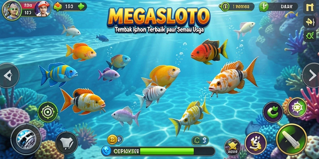 Gameplay seru MEGASLOTO dengan aksi menembak ikan yang mendebarkan.