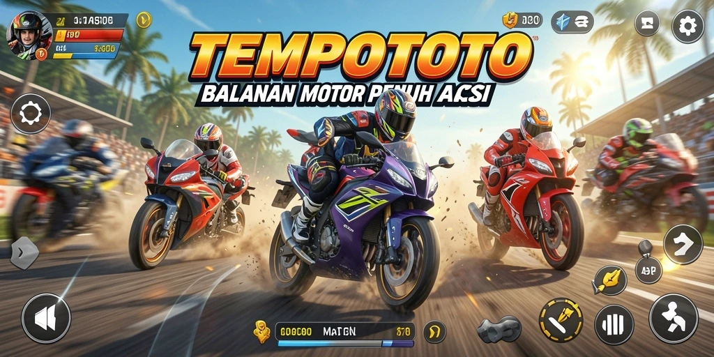 Screenshot gameplay TEMPOTOTO yang memperlihatkan aksi balapan motor yang seru.